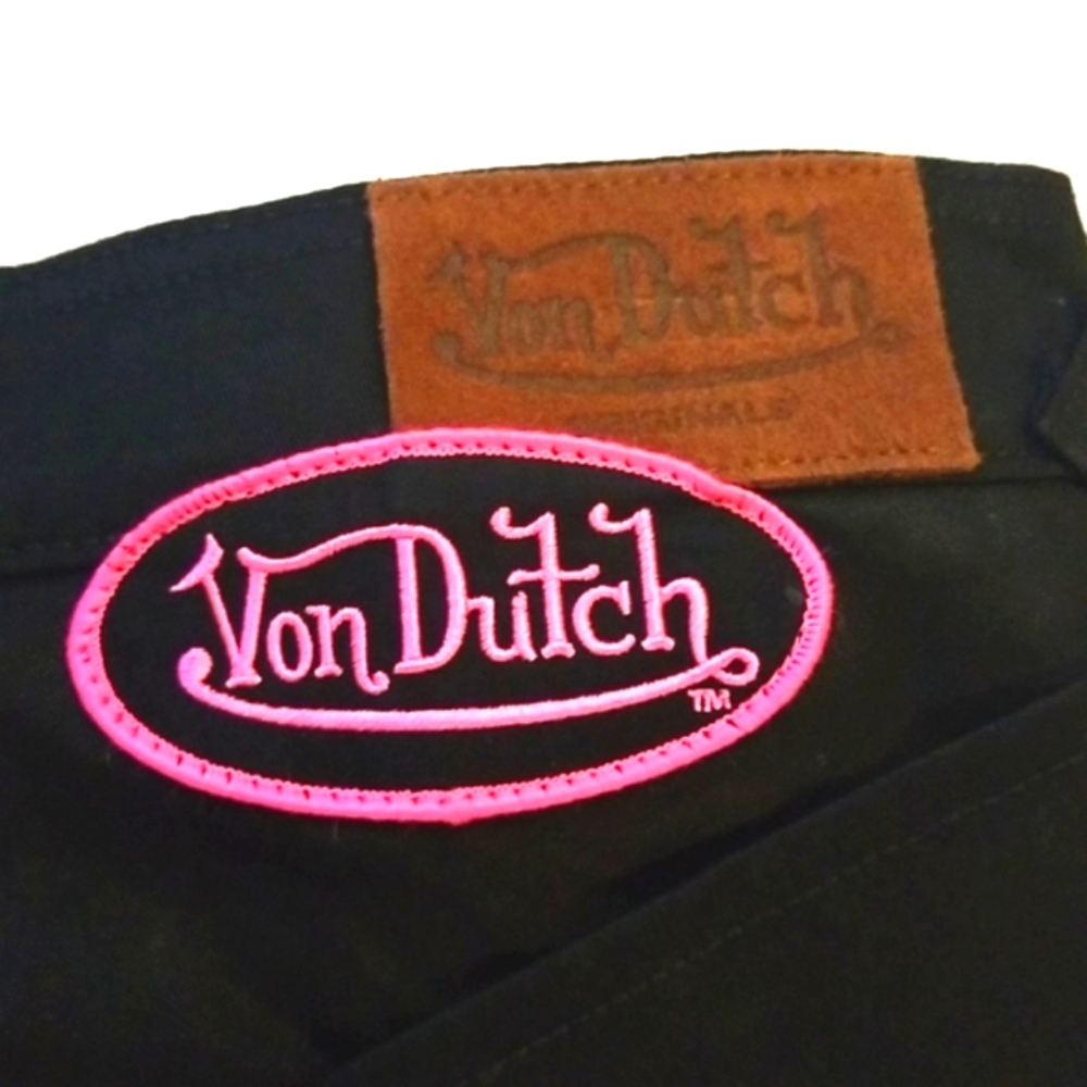 VON DUTCH Y2k Pink Patch Black Denim Pocket Flare Low Rise Snap Zip Jeans NEW 29